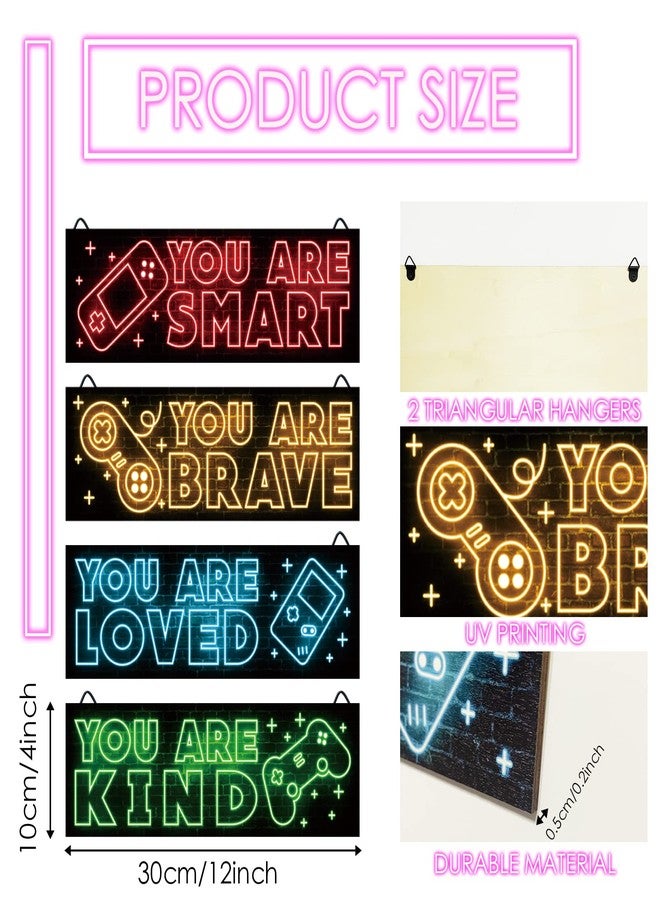 YLOLUL 4pcs Neon Game Art Prints, Wood Wall Art Decor for Boys Room, Gamer Decorations, Inspirational Quote Wall Decor, Modern Home Decor, 12 x 4 Inch, Red - Image 2