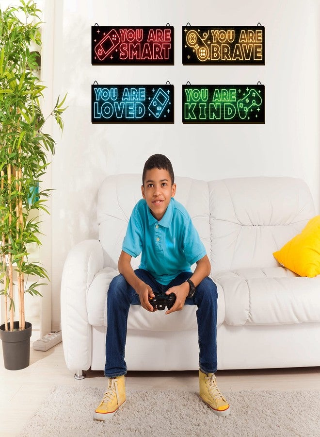 YLOLUL 4pcs Neon Game Art Prints, Wood Wall Art Decor for Boys Room, Gamer Decorations, Inspirational Quote Wall Decor, Modern Home Decor, 12 x 4 Inch, Red - Image 4