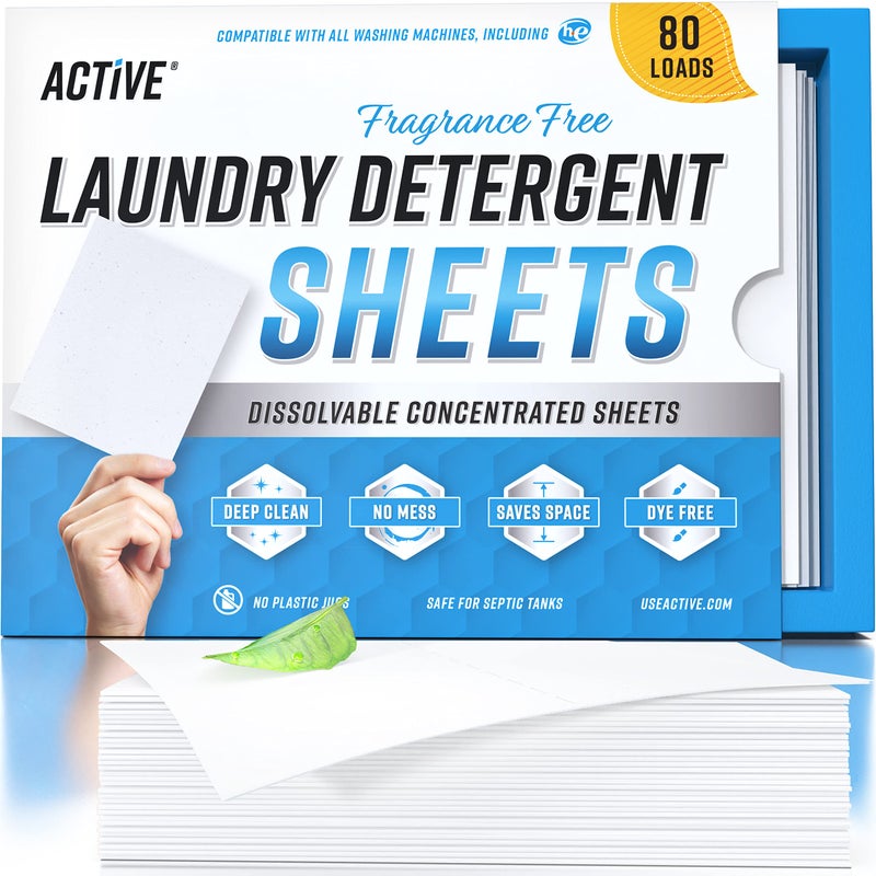 ACTIVE Laundry Detergent Sheets Eco Washing Strips 80 Loads Free Clear Liquidless Clothes Washer Sheet Zero Waste Travel Laundry Strip Dissolvable Space Saving Sheets For HE Fragrance Free