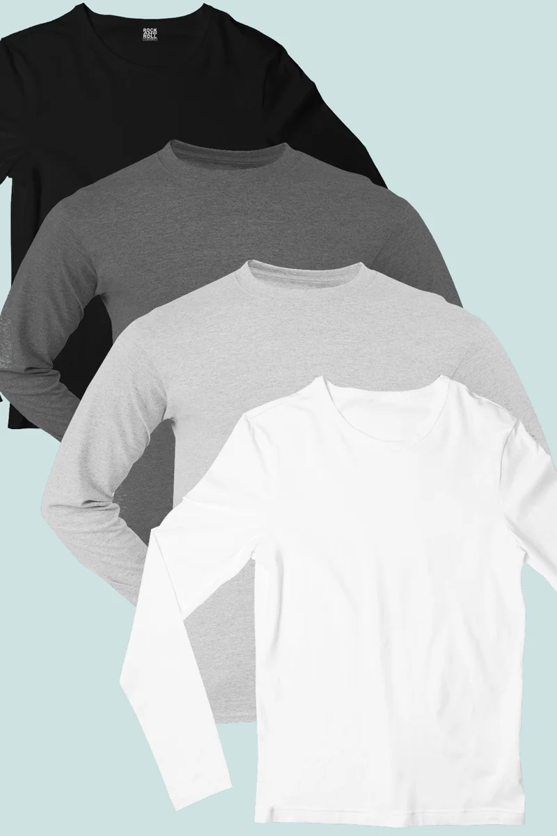 Plain Long Sleeve Black, Anthracite, Gray, White Women's Combed Cotton T-Shirt 4-Piece Super Eco Pack