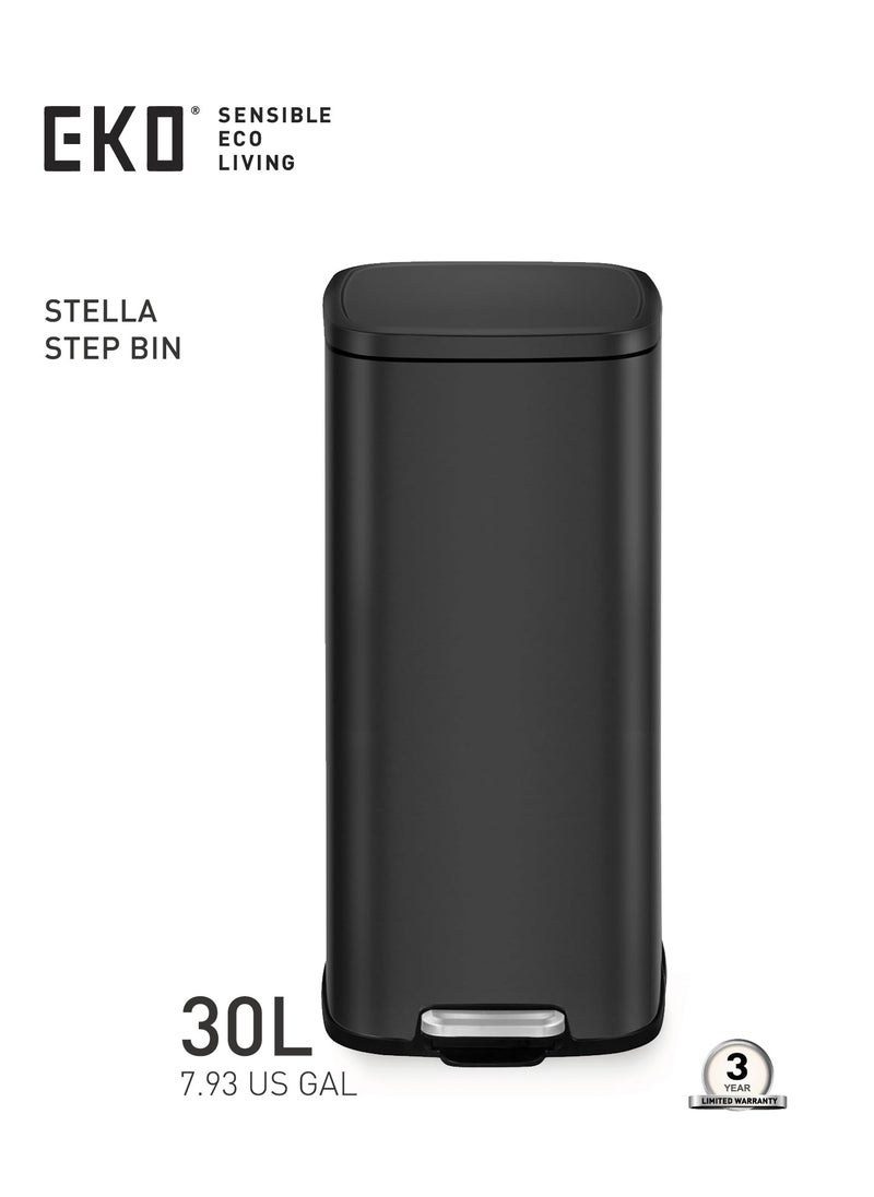 EKO 30L Square Step Bin Stella - Black | Large Pedal Bin with Soft-Close Lid | Fingerprint-Resistant Finish | Removable Inner Liner