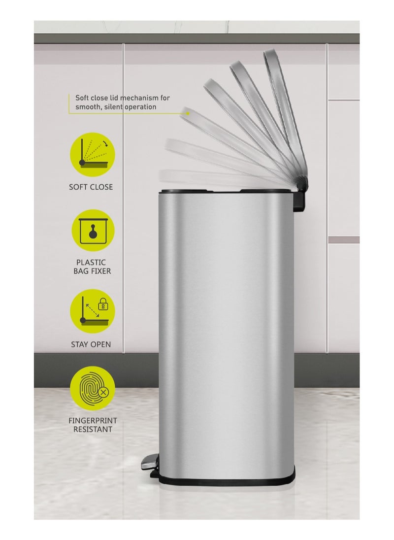 EKO 30L Square Step Bin Stella - Black | Large Pedal Bin with Soft-Close Lid | Fingerprint-Resistant Finish | Removable Inner Liner