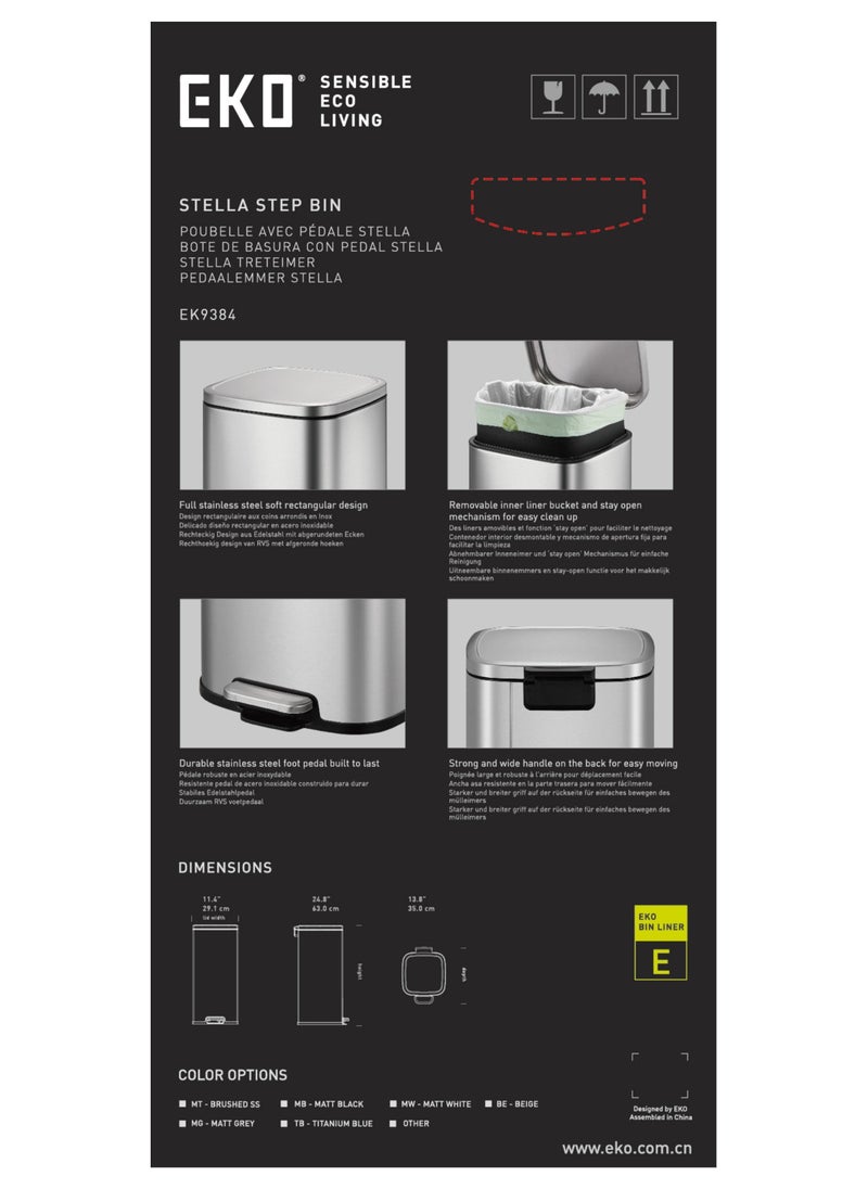 EKO 30L Square Step Bin Stella - Black | Large Pedal Bin with Soft-Close Lid | Fingerprint-Resistant Finish | Removable Inner Liner
