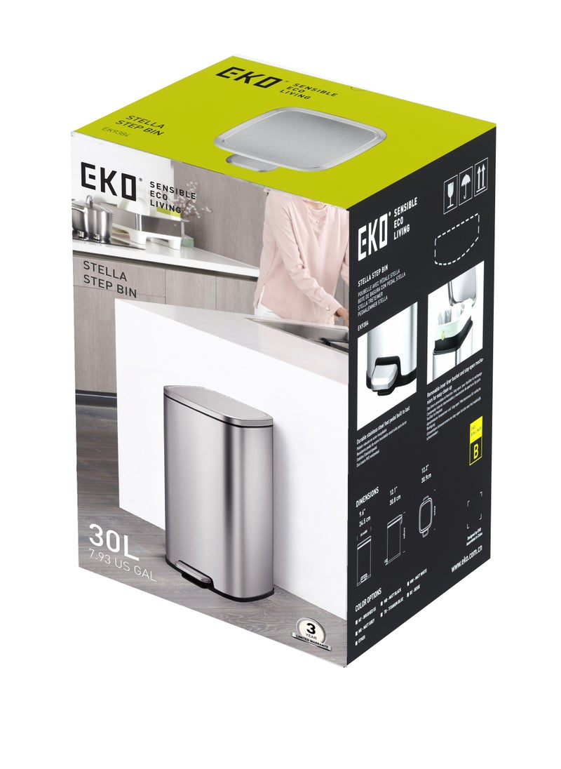EKO 30L Square Step Bin Stella - Black | Large Pedal Bin with Soft-Close Lid | Fingerprint-Resistant Finish | Removable Inner Liner