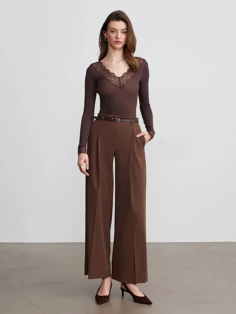 ديلفين Dilvin Women's Belted Wide-leg Crepe Trousers