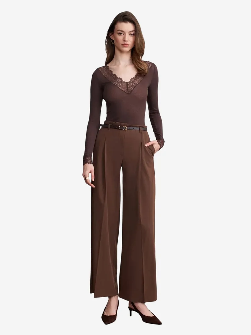 Dilvin DILVIN Women's Belted Wide-leg Crepe Trousers