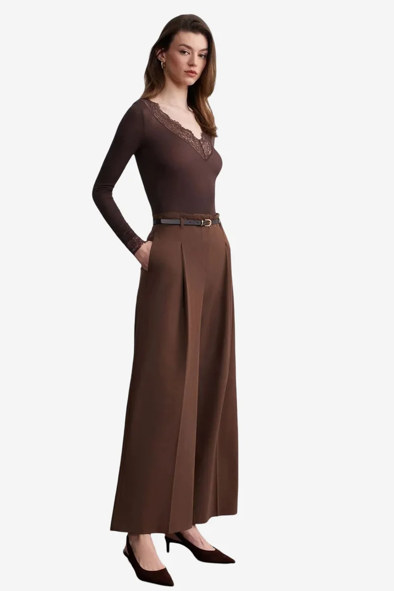 Dilvin Coffee Brown DILVIN Women's Belted Wide-leg Crepe Trousers for Women | Best Price UAE