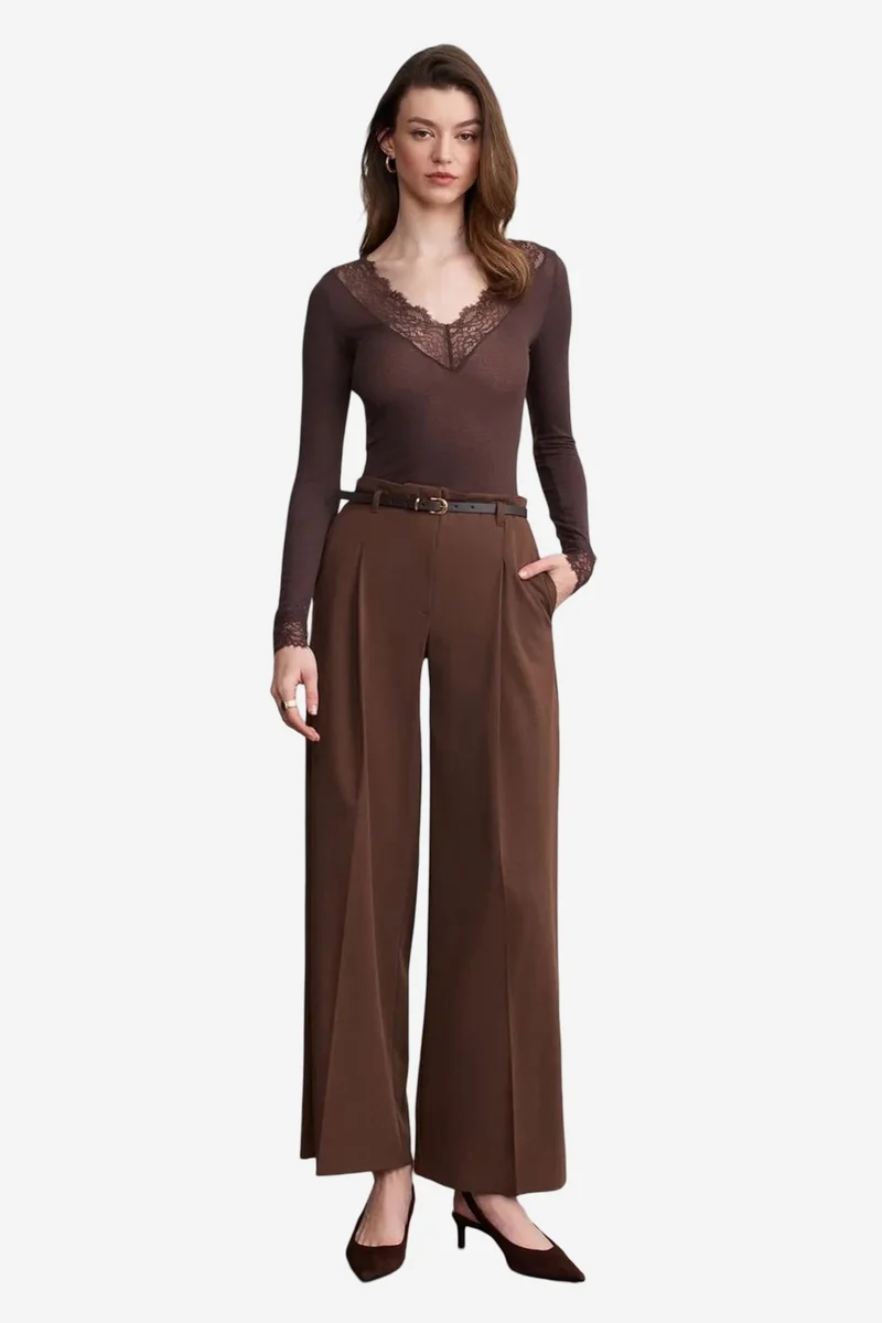 Dilvin Coffee Brown DILVIN Women's Belted Wide-leg Crepe Trousers for Women | Best Price UAE