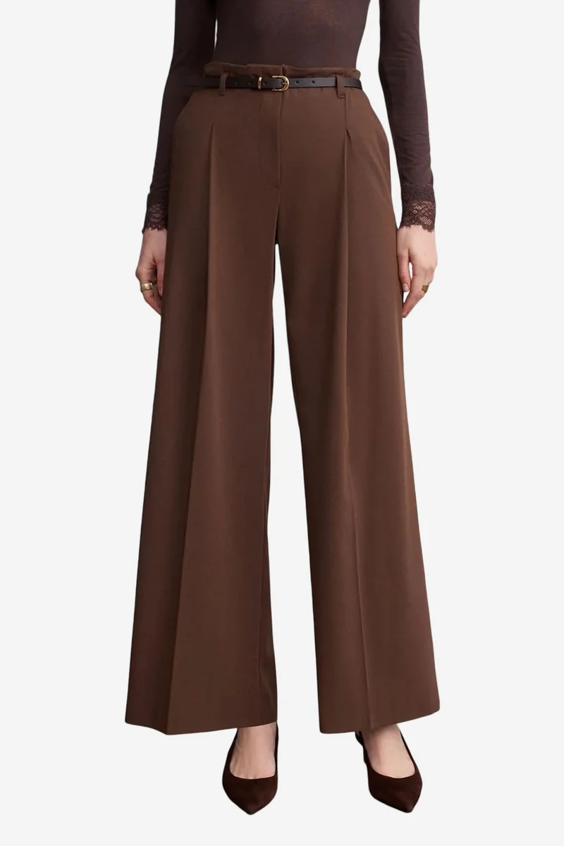 Dilvin Coffee Brown DILVIN Women's Belted Wide-leg Crepe Trousers for Women | Best Price UAE