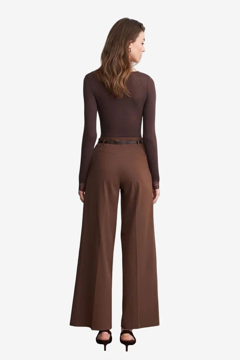 Dilvin Coffee Brown DILVIN Women's Belted Wide-leg Crepe Trousers for Women | Best Price UAE