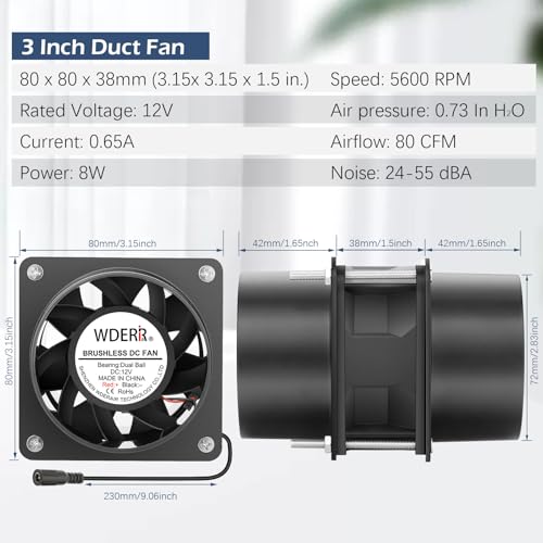 WDERAIR 80mm x 38mm 3 Inch Air Vent Duct Booster Adjustable Speed Fan with 2 Duct Adapters for DIY Grow Tent Attic Hydroponics Ventilation Soldering Fume Extractor-D8038 - Image 5