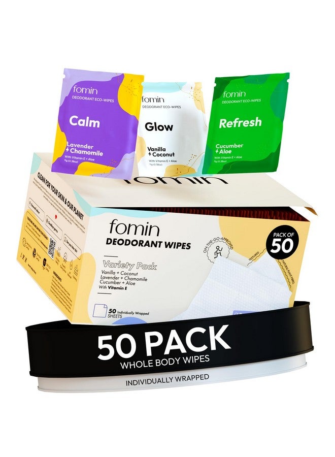 FOMIN FOMIN Travel Deodorant Wipes - 50 Count - Variety Pack - pH Balanced, Hypoallergenic Mini Deodorant Wipes For Women and Men - Plastic-Free, Individually Wrapped Underarm & Body Wipes - Image 1