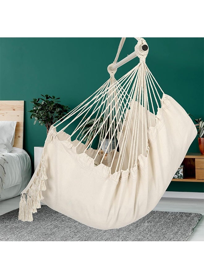 TodyJeyHo Hammock Chair Hanging Rope Swing, Max 500 Lbs, 2 Cushions Included, Large Macrame Hanging Chair with Pocket for Superior Comfort, with Hardware Kit (Beige) - Image 3