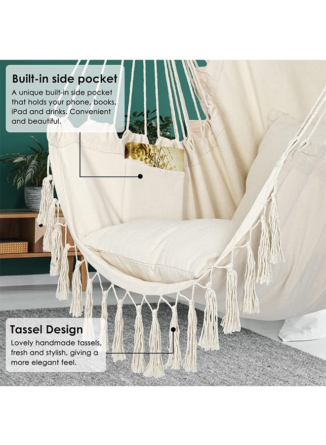 TodyJeyHo Hammock Chair Hanging Rope Swing, Max 500 Lbs, 2 Cushions Included, Large Macrame Hanging Chair with Pocket for Superior Comfort, with Hardware Kit (Beige) - Image 2