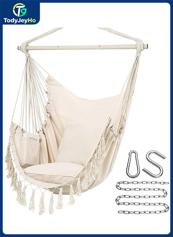 TodyJeyHo Hammock Chair Hanging Rope Swing, Max 500 Lbs, 2 Cushions Included, Large Macrame Hanging Chair with Pocket for Superior Comfort, with Hardware Kit (Beige) - Image 1