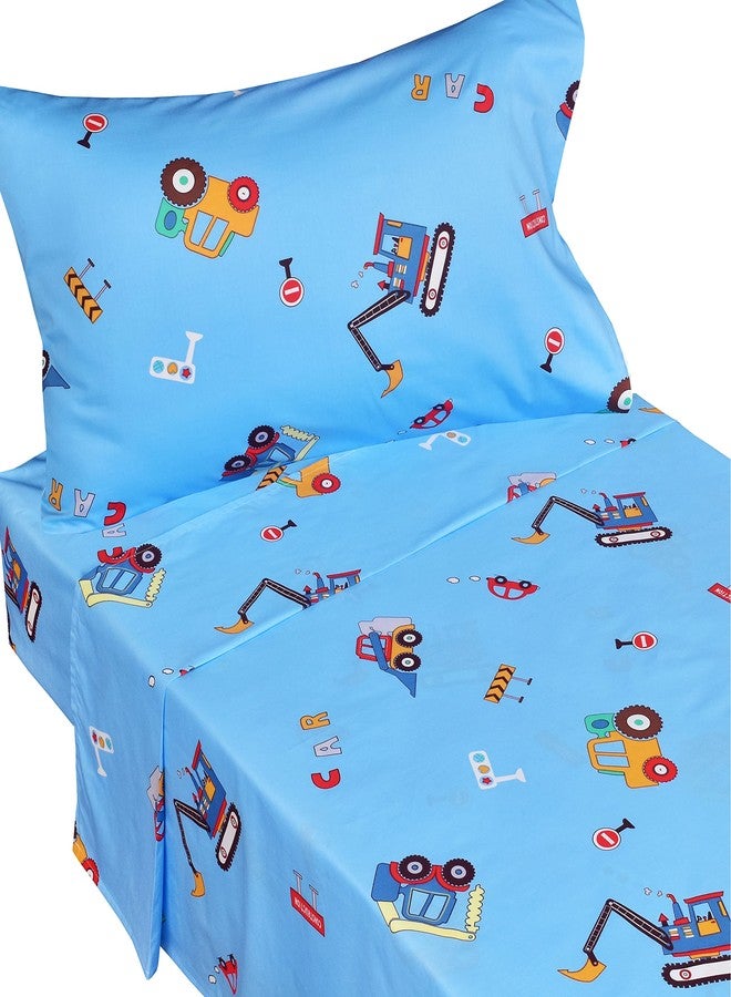 J-pinno Cars Vehicles Digger 100% Cotton 3 Pieces Cartoon Toddler Sheet Set for Kids Boys, Flat Sheet Fitted Sheet and Pillowcase, Cozy Breathable Unisex Nursery Crib Bedding Set (Blue Excavator) - Image 1