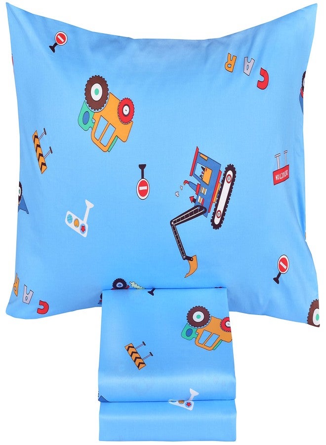 J-pinno Cars Vehicles Digger 100% Cotton 3 Pieces Cartoon Toddler Sheet Set for Kids Boys, Flat Sheet Fitted Sheet and Pillowcase, Cozy Breathable Unisex Nursery Crib Bedding Set (Blue Excavator) - Image 2
