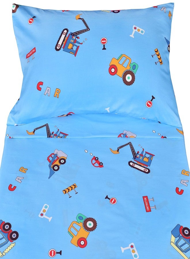 J-pinno Cars Vehicles Digger 100% Cotton 3 Pieces Cartoon Toddler Sheet Set for Kids Boys, Flat Sheet Fitted Sheet and Pillowcase, Cozy Breathable Unisex Nursery Crib Bedding Set (Blue Excavator) - Image 3