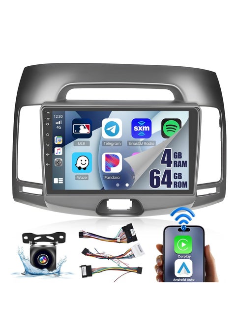 [8-Core 4+64GB] Android 13 Car Stereo for Hyundai Elantra 2007-2010, 9" IPS Touch Screen Radio with Wireless Carplay, Android Auto, GPS Navigation, WiFi, AHD Backup Camera, Bluetooth, DSP, FM, and RDS.