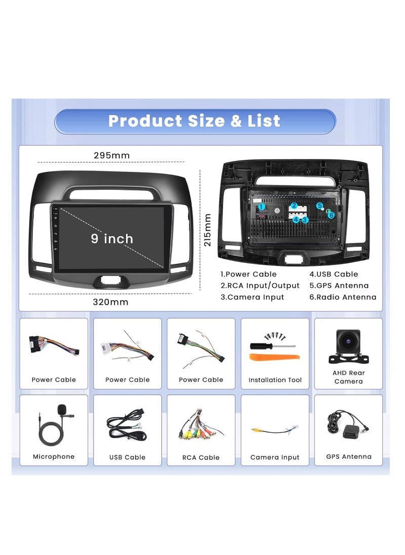 Generic - [8-Core 4+64GB] Android 13 Car Stereo for Hyundai Elantra 2007-2010, 9" IPS Touch Screen Radio with Wireless Carplay, Android Auto, GPS Navigation, WiFi, AHD Backup Camera, Bluetooth, DSP, FM, and RDS. - Image 1