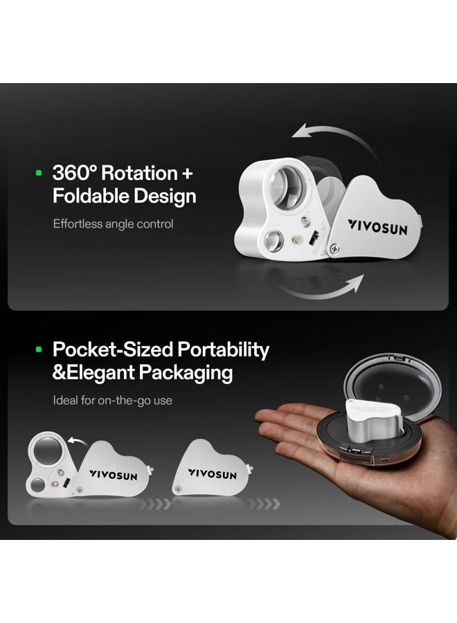 VIVOSUN 30X 60X Illuminated Jewelers Loupe Foldable Magnifier with LED Light for Jewelry Gems Watches Coins Stamps Antiques White - Image 2