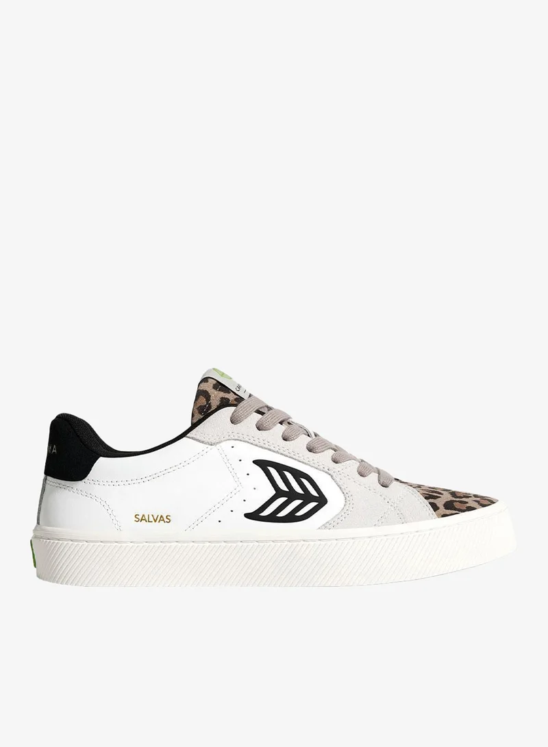 SALVAS White Leather Leopard Print Suede Black Logo Sneaker