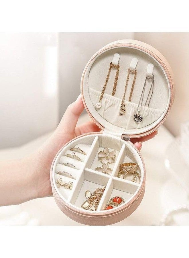 SUNAINA PU Leather Zipper Portable Storage Case for Ring, Necklace, Pendant, Earring Organizer Box with Adjustable Dividers (Round, Beige) - Image 2