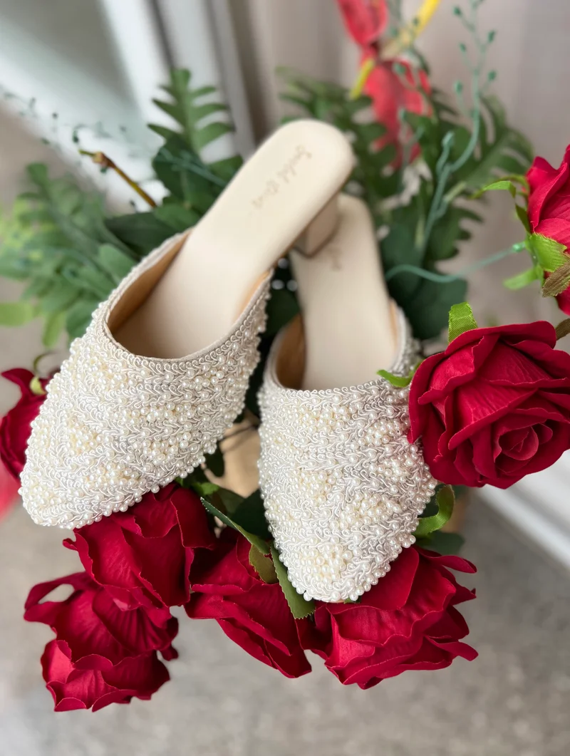 Sandal Stories Ivory White Pearl Embellished Mules for Women