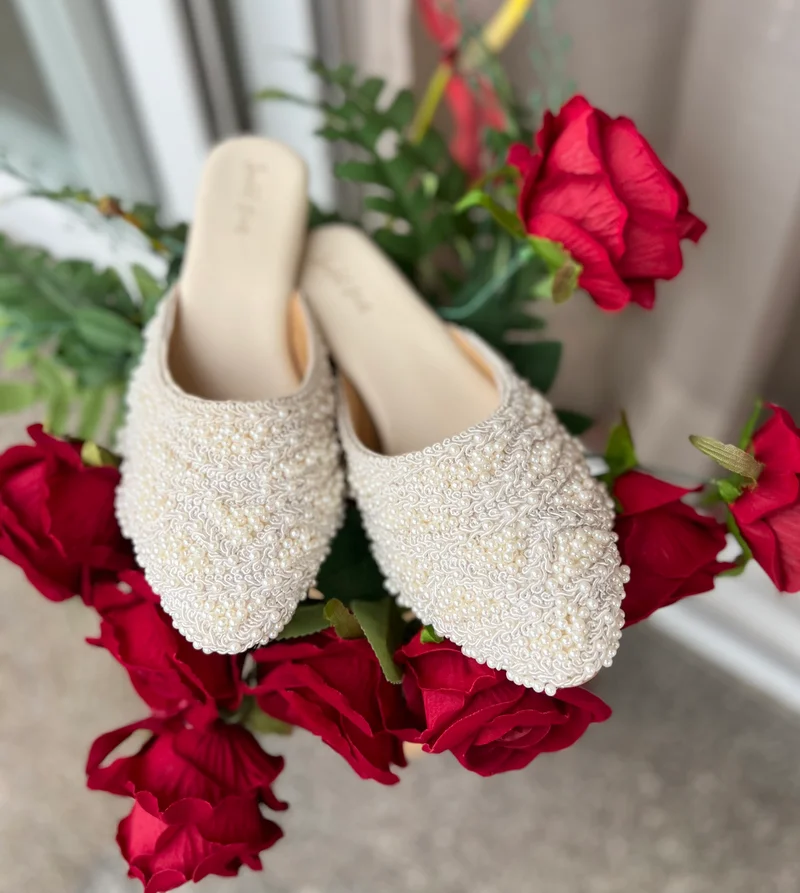 Sandal Stories Ivory White Pearl Embellished Mules for Women