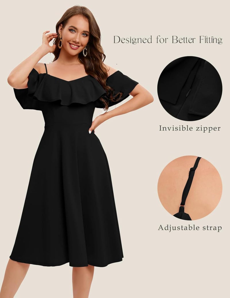 TATAIYA Women's Plus Size Off-Shoulder Cocktail Fit and Flare Dress (Black_XL) - Image 3