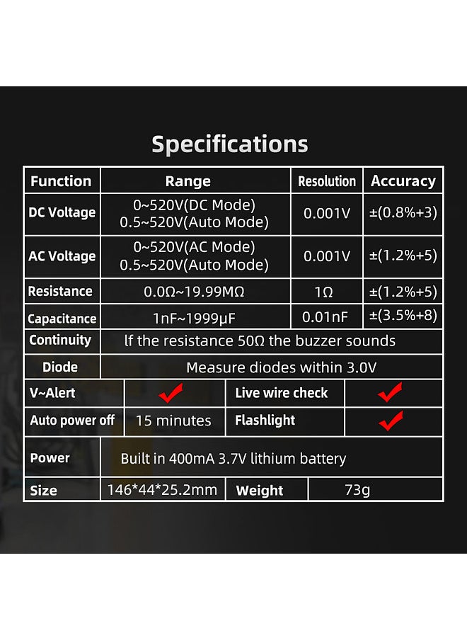 BSIDE Handheld Digital Multimeter Electric Test Pen Professional Voltage Resistance Diode Tester Live Wire Recognition Meter with Automatic Shutdown and Flashlight Function  - Image 5