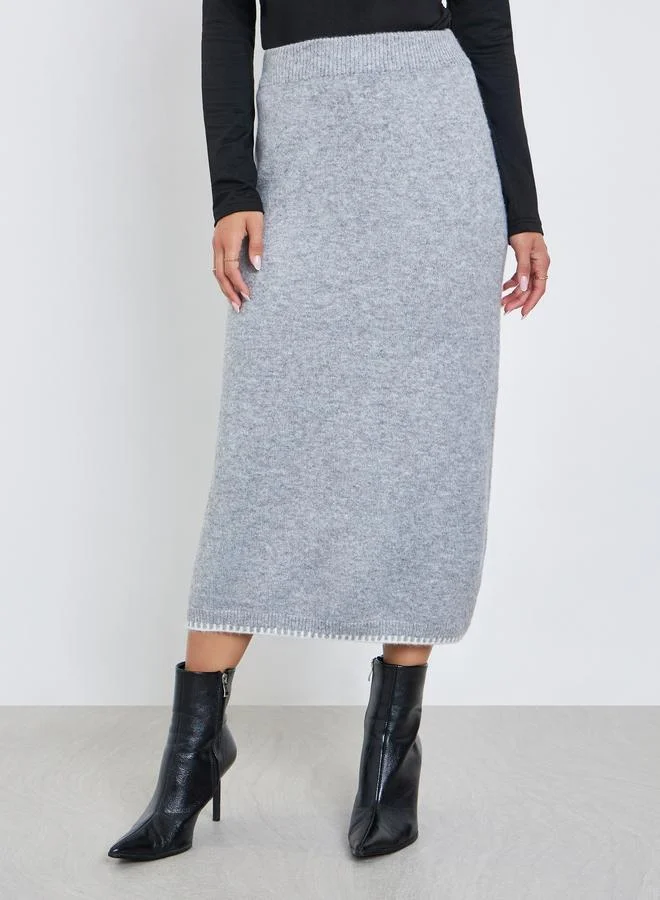 Styli Grey Solid Knitted Midi Skirt