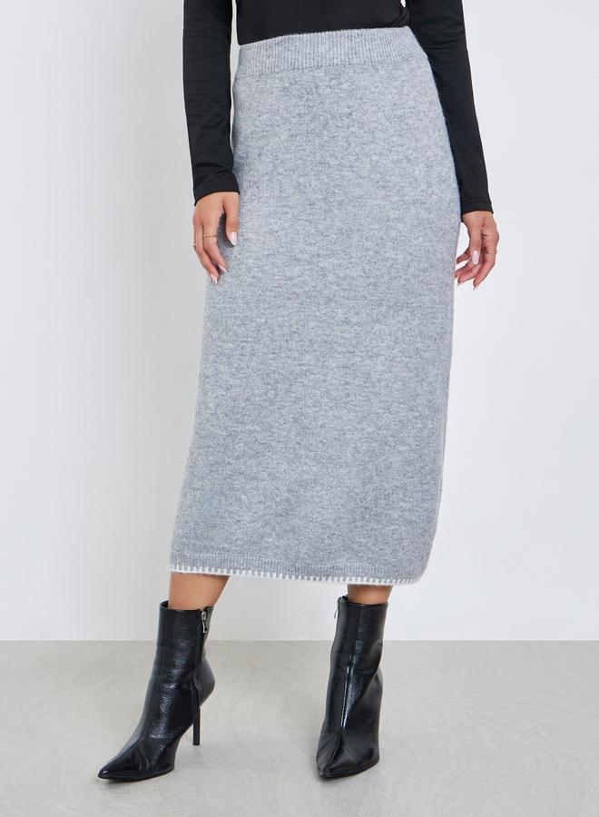 Styli Grey Solid Knitted Midi Skirt - Image 2
