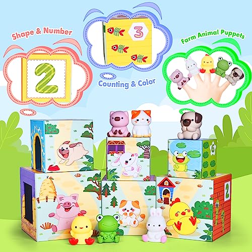 ShyLizard Toddler Farm Animal Sorting and Stacking Toys, Nesting Boxes and Blocks With Finger Puppets - Gifts for 1-3 Year Olds - Image 4