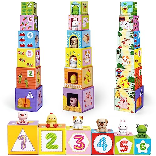 ShyLizard Toddler Farm Animal Sorting and Stacking Toys, Nesting Boxes and Blocks With Finger Puppets - Gifts for 1-3 Year Olds - Image 3