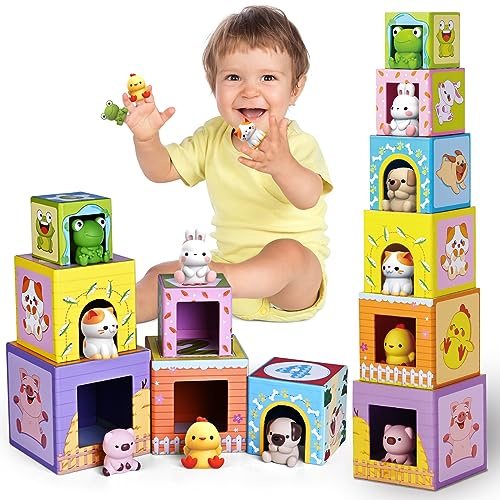 ShyLizard Toddler Farm Animal Sorting and Stacking Toys, Nesting Boxes and Blocks With Finger Puppets - Gifts for 1-3 Year Olds - Image 1