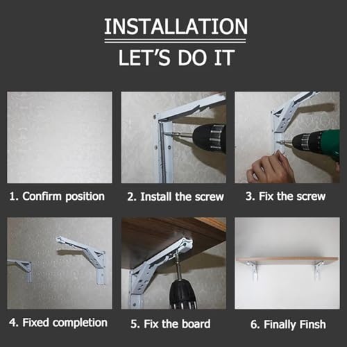 GLUN® Folding Shelf Brackets, 14 Inch White Colour Heavy Duty Metal Collapsible Shelf Bracket for Bench, Table, Shelf Hinge, & Wall Mounted, Space Saving Pack of 2 - Image 3
