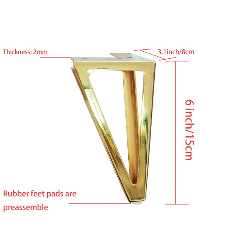 Hyever 6 Inch Gold Furniture Legs Heavy Duty Metal Furniture Feet, Golden Sofa/Cabinet/Table Legs 4Pcs, 6 Inch Cabinet Legs Set of 4,Couch Feet Replacement for Dresser (Gold) - Image 3
