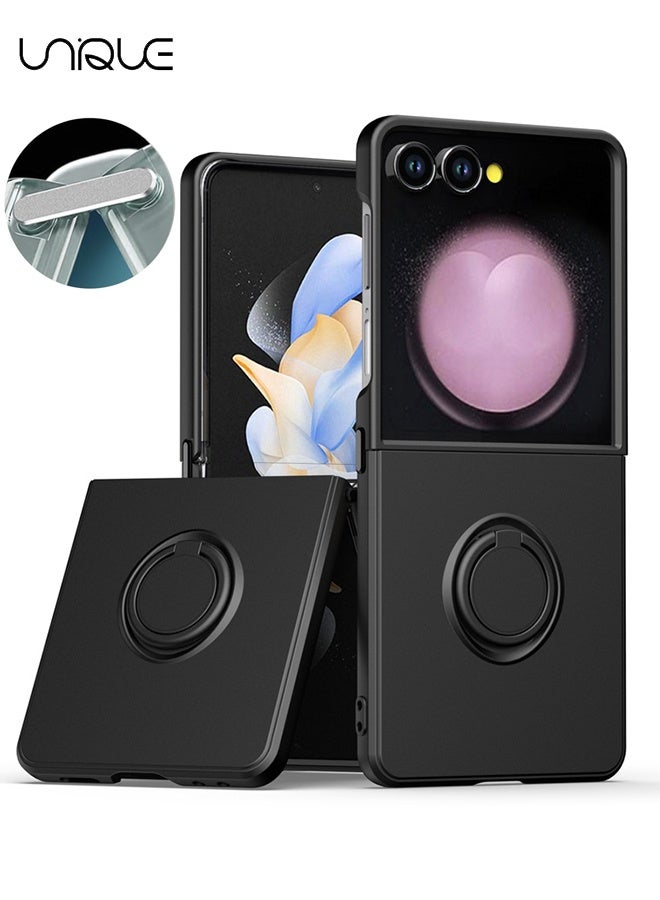 Unique For Samsung Galaxy Z Flip 7 Case [with 360° Rotatable Ring Stand] [Support Magnetic Car Mount] - Hard PC and Soft TPU Cover - with Shockproof Bumper and Anti-Scratch Back - Metal Connector Folding Convenient - Classic Black
