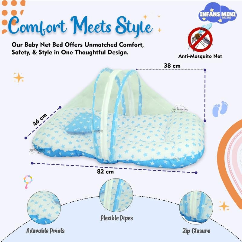 Infans Mini طقم سرير أطفال إنفانس ميني، 3 قطع أساسية للنوم من القطن | كيس نوم للأطفال | وسادة رضاعة للأم | شبكة ناموسية للسرير للأطفال من 0-6 أشهر (أزرق نجمي) - Image 5