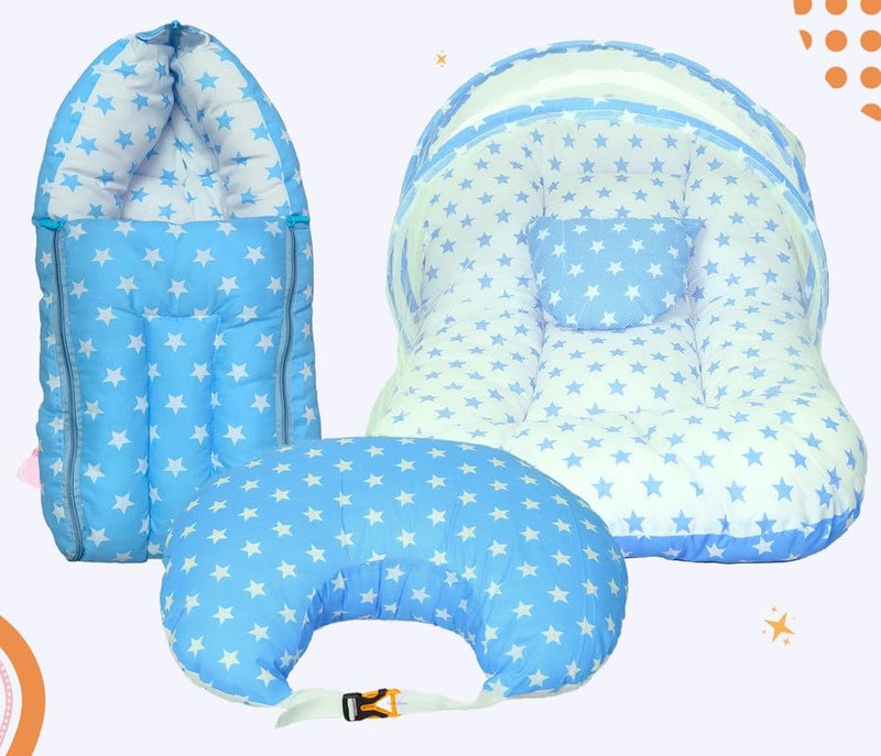 Infans Mini طقم سرير أطفال إنفانس ميني، 3 قطع أساسية للنوم من القطن | كيس نوم للأطفال | وسادة رضاعة للأم | شبكة ناموسية للسرير للأطفال من 0-6 أشهر (أزرق نجمي) - Image 1