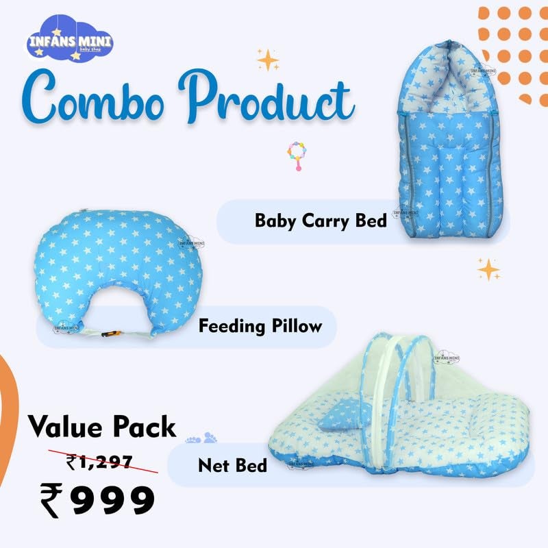 Infans Mini طقم سرير أطفال إنفانس ميني، 3 قطع أساسية للنوم من القطن | كيس نوم للأطفال | وسادة رضاعة للأم | شبكة ناموسية للسرير للأطفال من 0-6 أشهر (أزرق نجمي) - Image 2