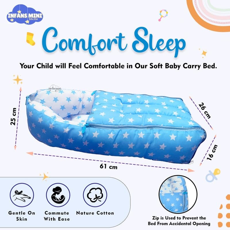 Infans Mini طقم سرير أطفال إنفانس ميني، 3 قطع أساسية للنوم من القطن | كيس نوم للأطفال | وسادة رضاعة للأم | شبكة ناموسية للسرير للأطفال من 0-6 أشهر (أزرق نجمي) - Image 3
