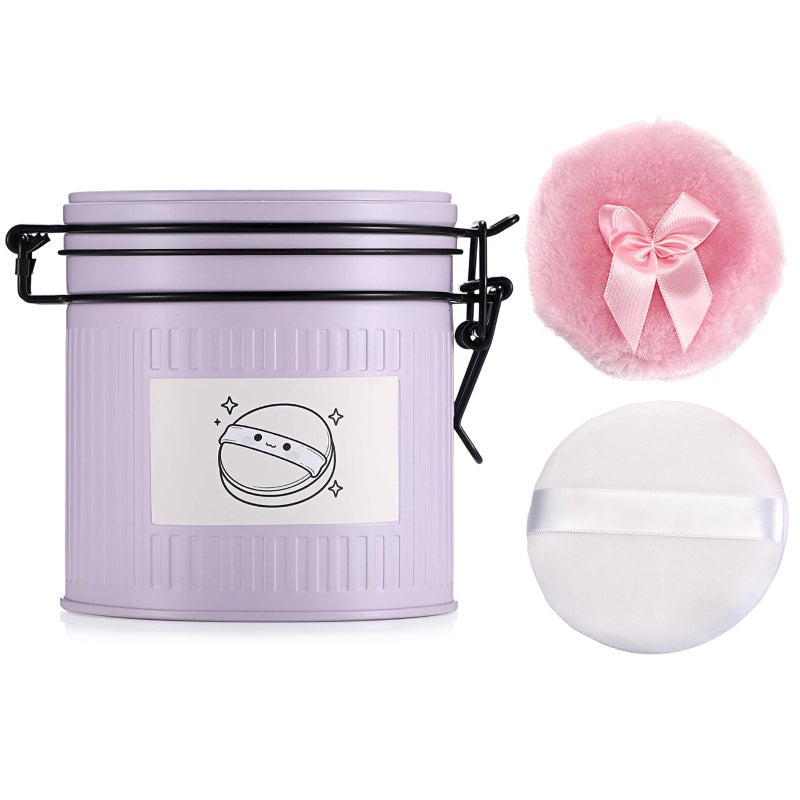 ELLDOO Body Powder Puff and Container, 21oz Empty Metal Jar, Loose Dusting Powder Storage Box with 2pcs Powder Puffs for Baby Women, Purple - Image 1
