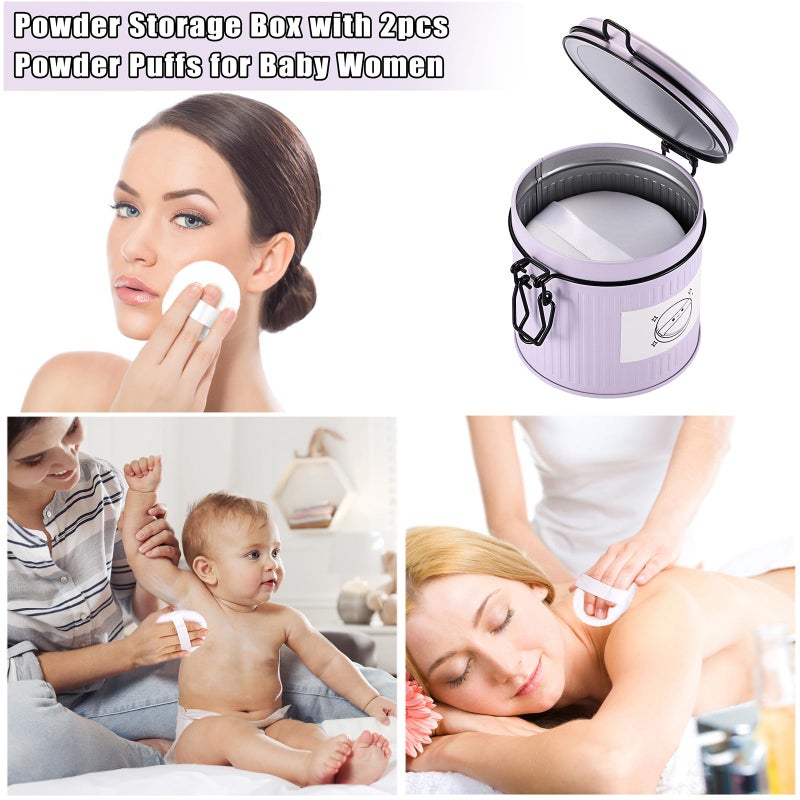 ELLDOO Body Powder Puff and Container, 21oz Empty Metal Jar, Loose Dusting Powder Storage Box with 2pcs Powder Puffs for Baby Women, Purple - Image 2