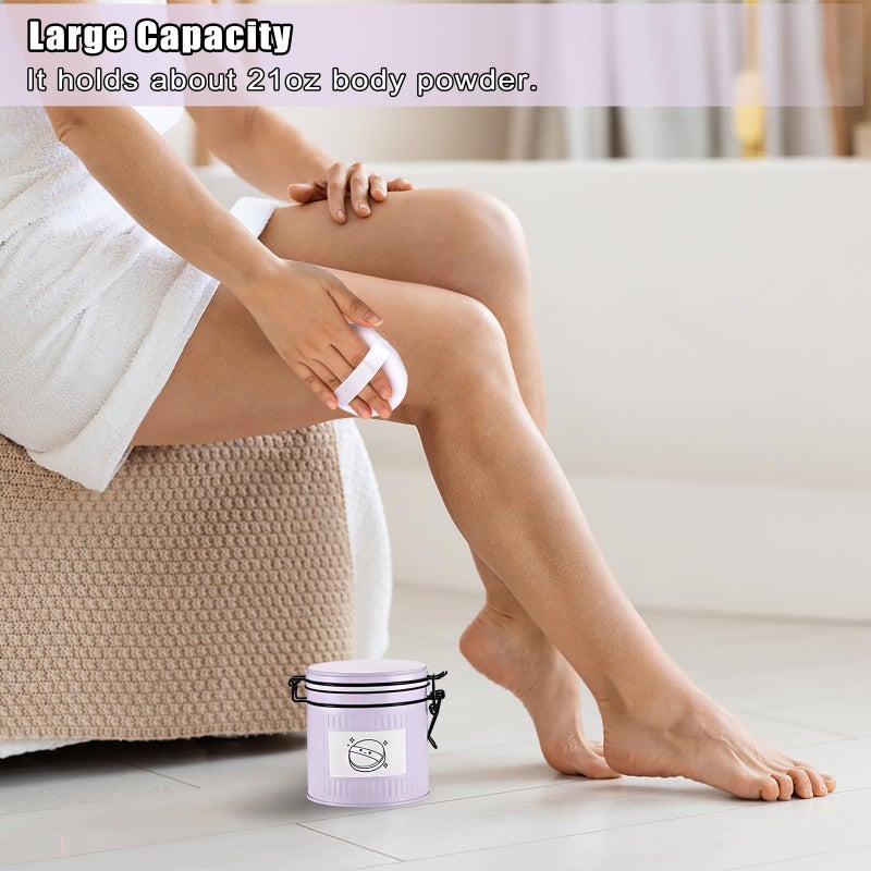 ELLDOO Body Powder Puff and Container, 21oz Empty Metal Jar, Loose Dusting Powder Storage Box with 2pcs Powder Puffs for Baby Women, Purple - Image 5