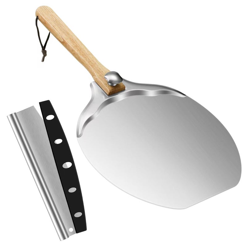 Ykjlmagvs 12x14 Inch Aluminum Pizza Peel Metal Pizza Paddle with Foldable Wood Handle Rocker Cutter Pizza Oven Accessories for Baking Pizza Bread Dough Pastry Cake - Image 2