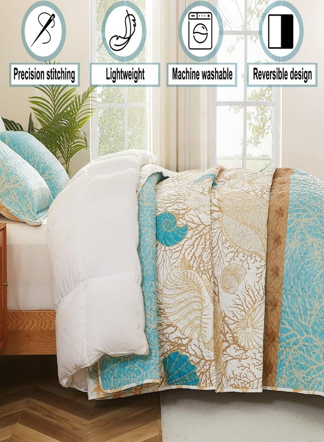 Cmfshape 3 Pieces Coastal Quilt Sets Queen Size-Ocean Theme Coral Shell Starfish Conch Pattern Printed Quilt,Reversible Beach Bedding Set,Summer Soft Lightweight Nautical Bedspread Coverlet(Queen 92"x96") - Image 3