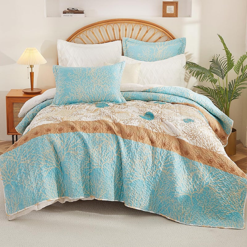 Cmfshape 3 Pieces Coastal Quilt Sets Queen Size-Ocean Theme Coral Shell Starfish Conch Pattern Printed Quilt,Reversible Beach Bedding Set,Summer Soft Lightweight Nautical Bedspread Coverlet(Queen 92"x96") - Image 1
