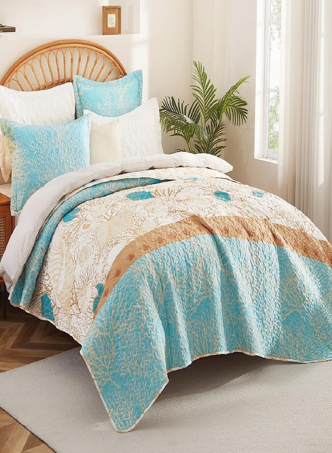 Cmfshape 3 Pieces Coastal Quilt Sets Queen Size-Ocean Theme Coral Shell Starfish Conch Pattern Printed Quilt,Reversible Beach Bedding Set,Summer Soft Lightweight Nautical Bedspread Coverlet(Queen 92"x96") - Image 2